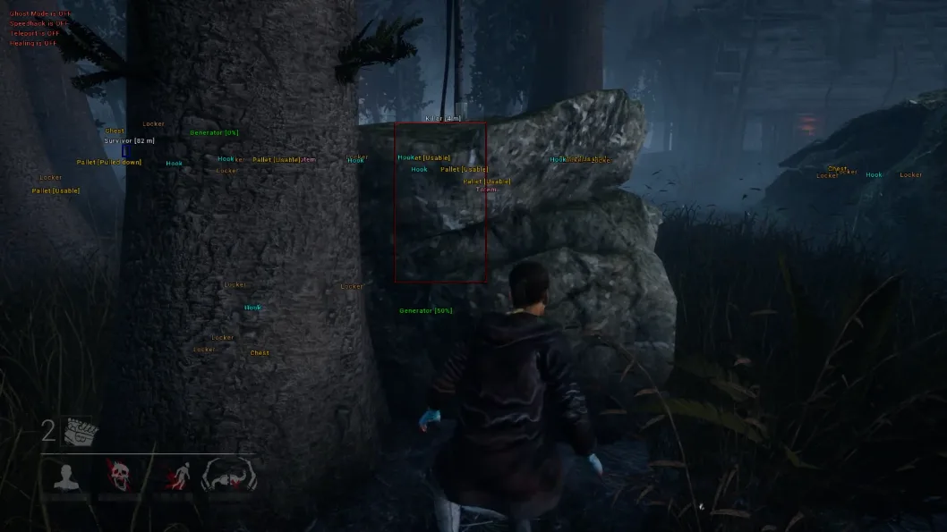DBD ESP player boxes and distance readouts in a match